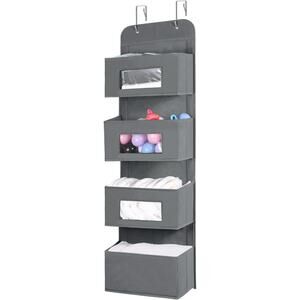 4-Shelf Over The Door Hanging Organizer with 2 Metal Hooks w/Clear Windows Gray